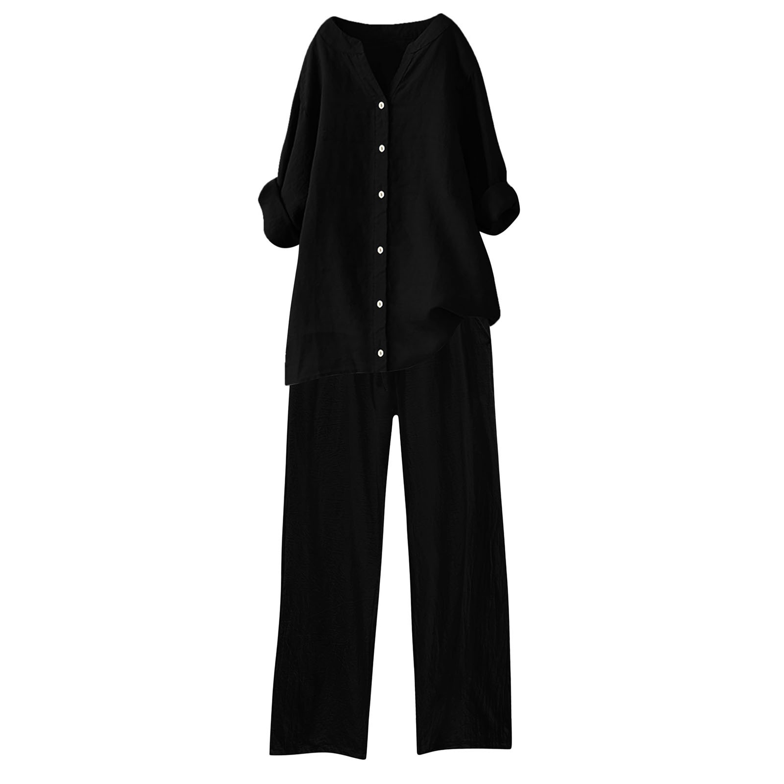 thumbnail image 4 of Conjuntos de 2 piezas para mujer: conjunto de blusa ancha y pantalones elásticos, camisa informal con cuello en V y pantalones para llevar en la calle o en la playa, poliéster, corte holgado, talla, 4 of 4